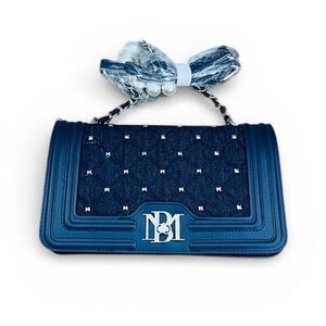 Badgley Mischka Navy Quilted Handbag with Pearl Chain